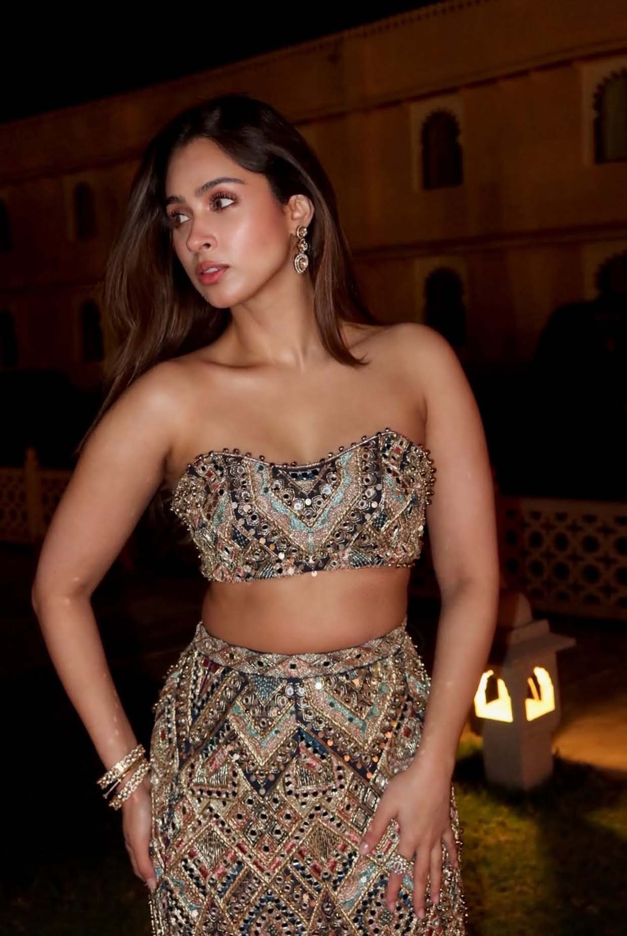 Shahira Navy Blue Georgette Embroidered Bustier And Straight Skirt