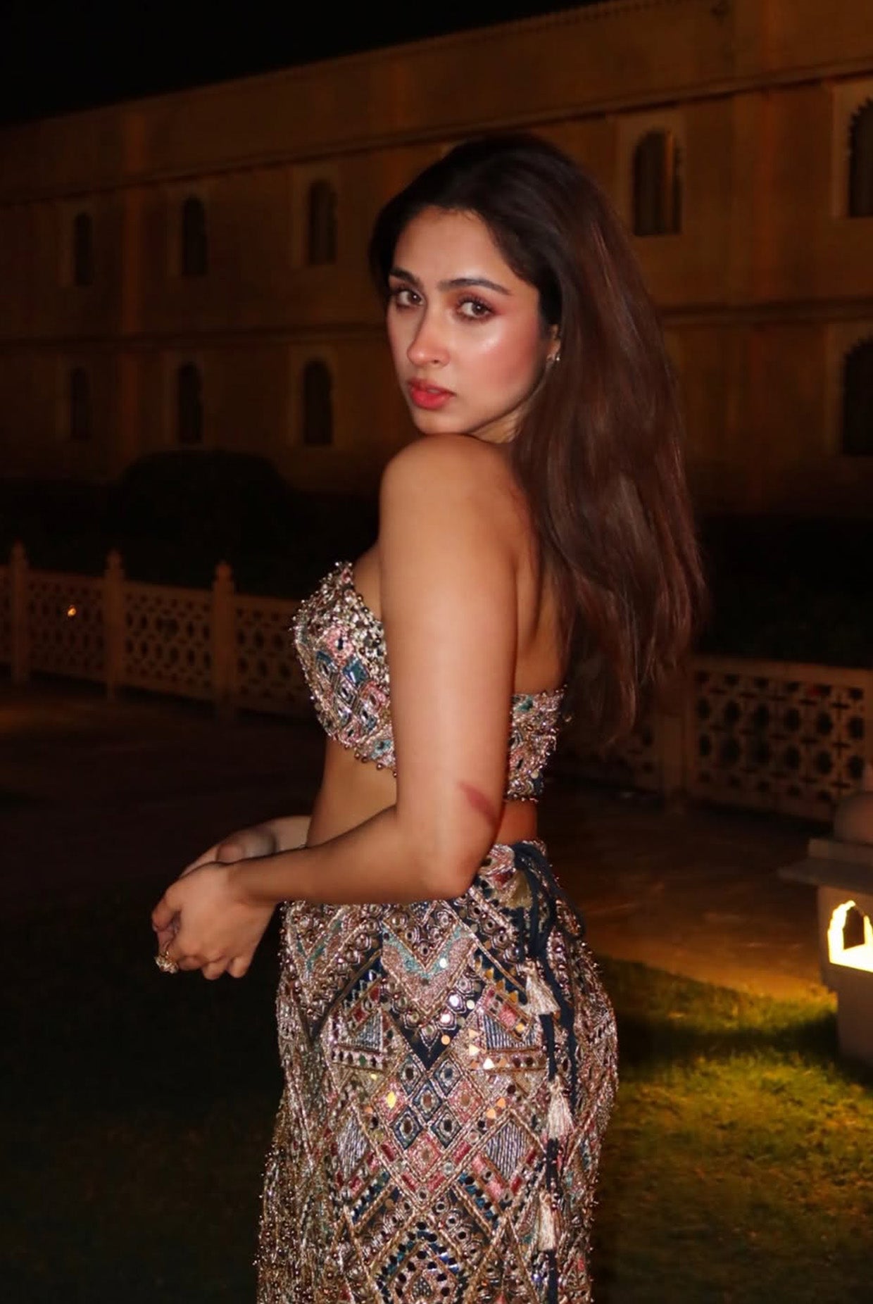 Shahira Navy Blue Georgette Embroidered Bustier And Straight Skirt