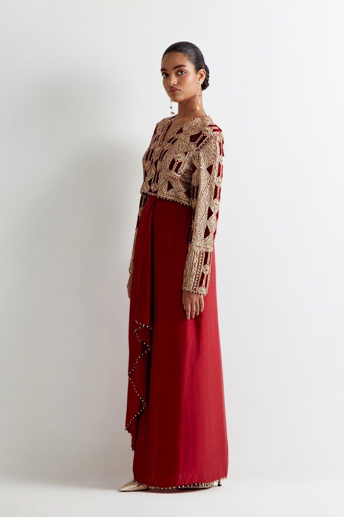 Maroon Georgette Embroidered Choli And Satin Lungi Skirt