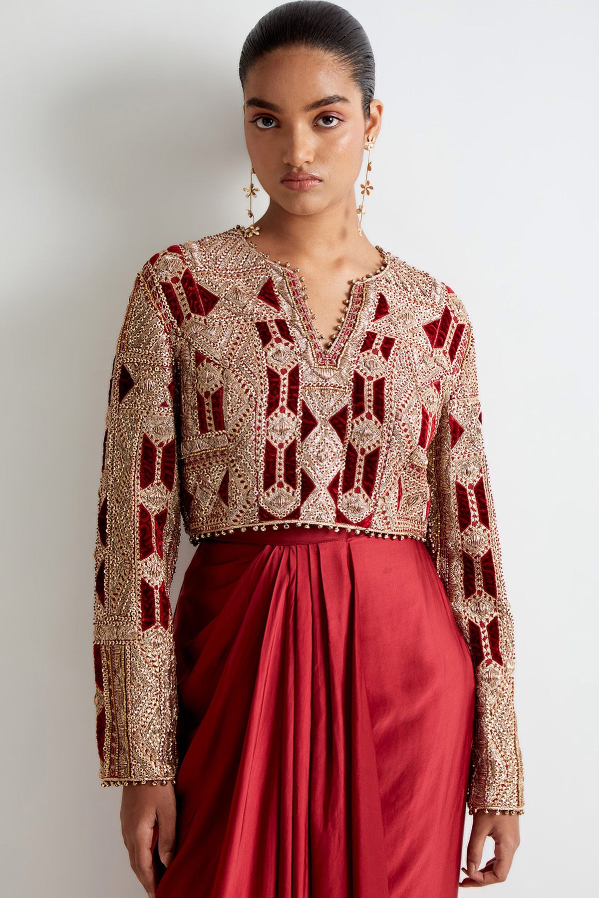 Maroon Georgette Embroidered Choli And Satin Lungi Skirt