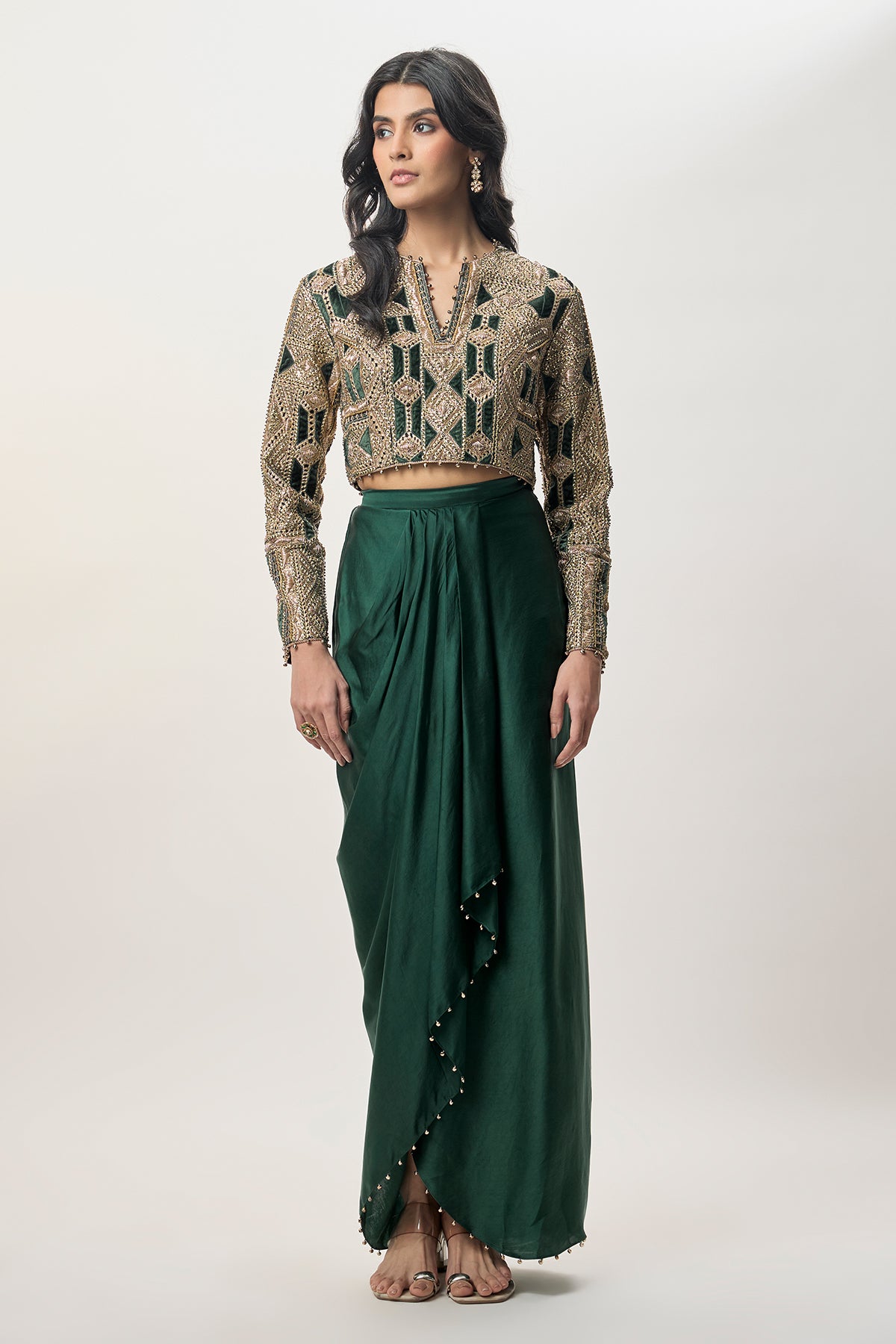 Sia Emerald Green Georgette Embroidered Choli And Modal Satin Dhoti Skirt