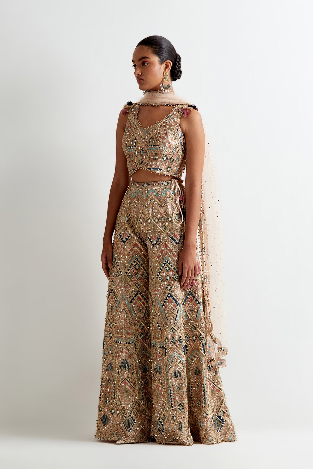 Stone Georgette Embroidered Choli And Sharara With Mukaish Net Embroidered Dupatta