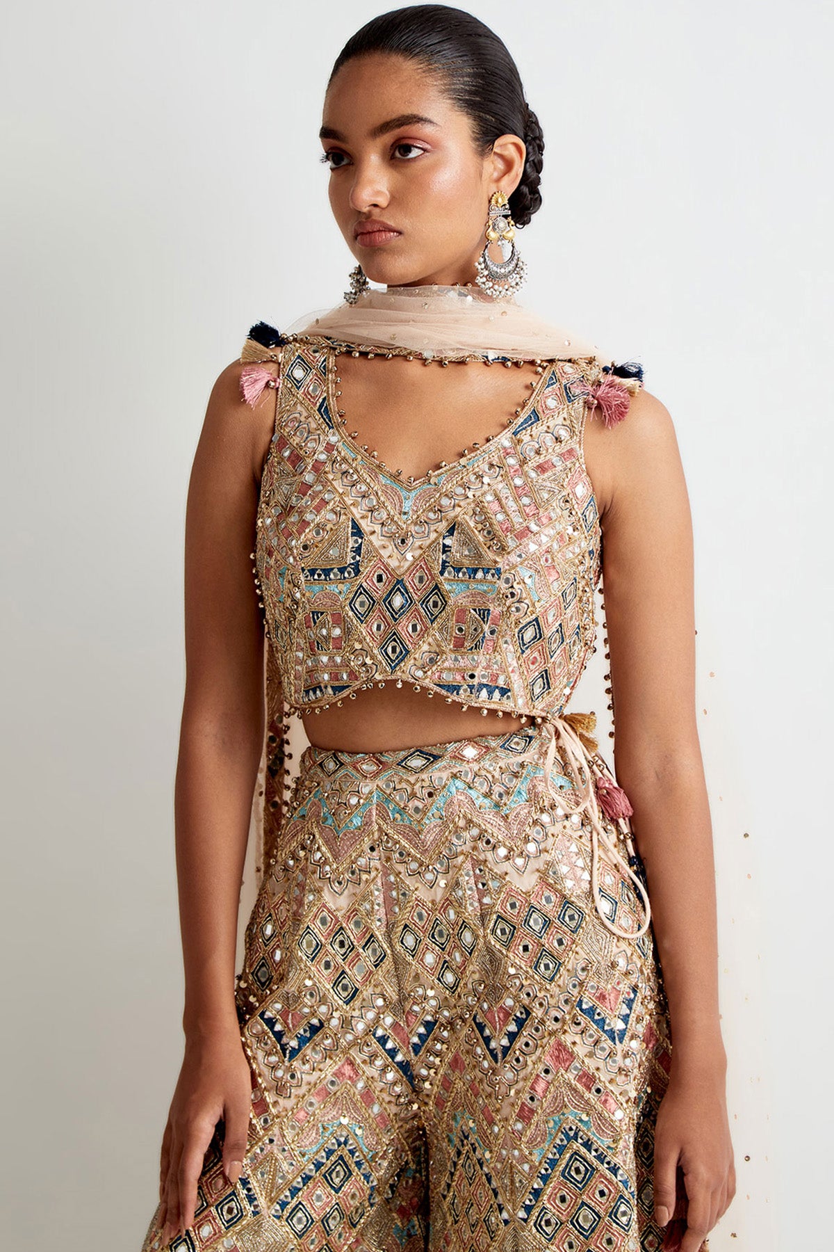 Stone Georgette Embroidered Choli And Sharara With Mukaish Net Embroidered Dupatta