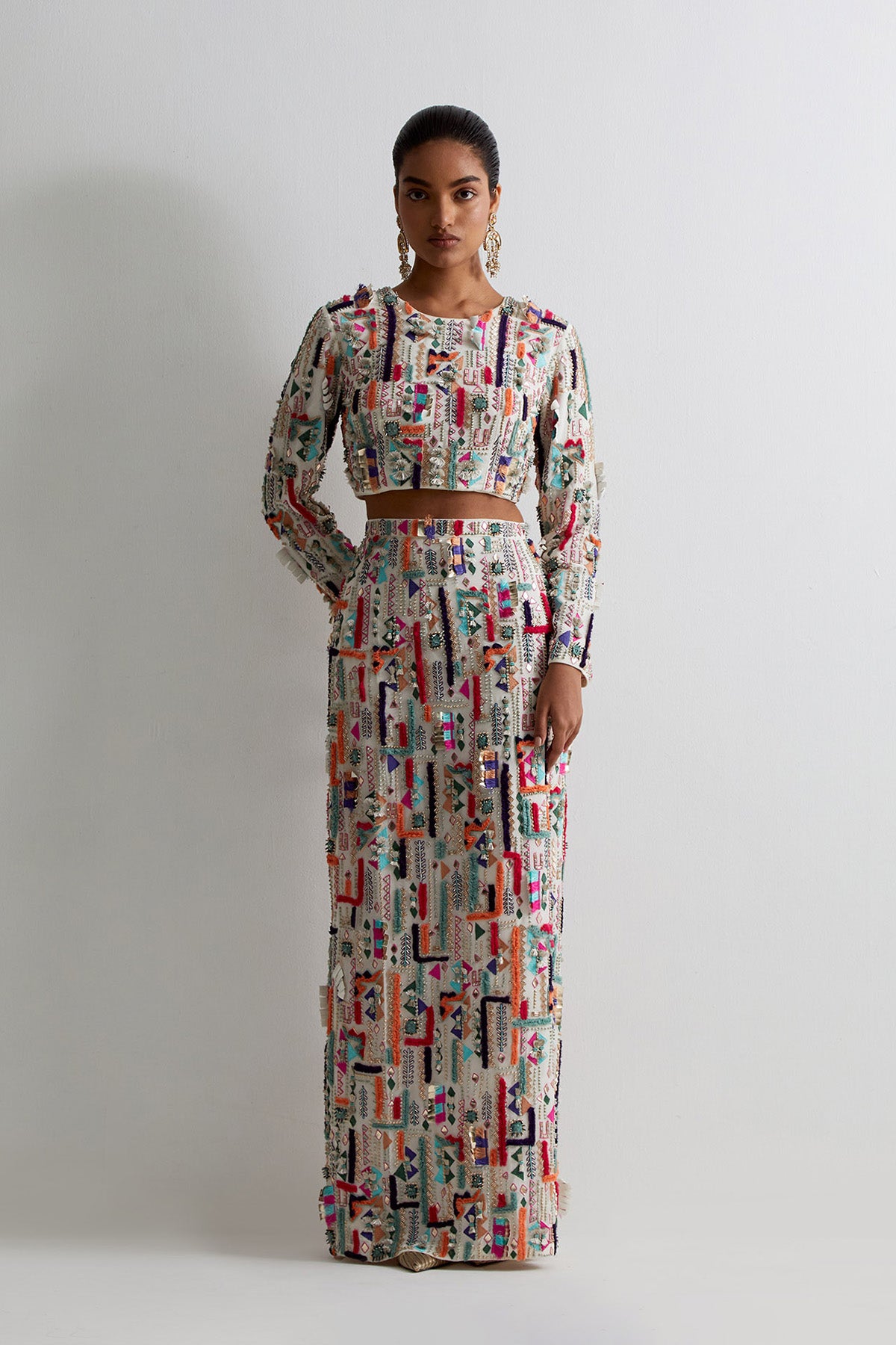 Off White Georgette Embroidered Choli And Skirt
