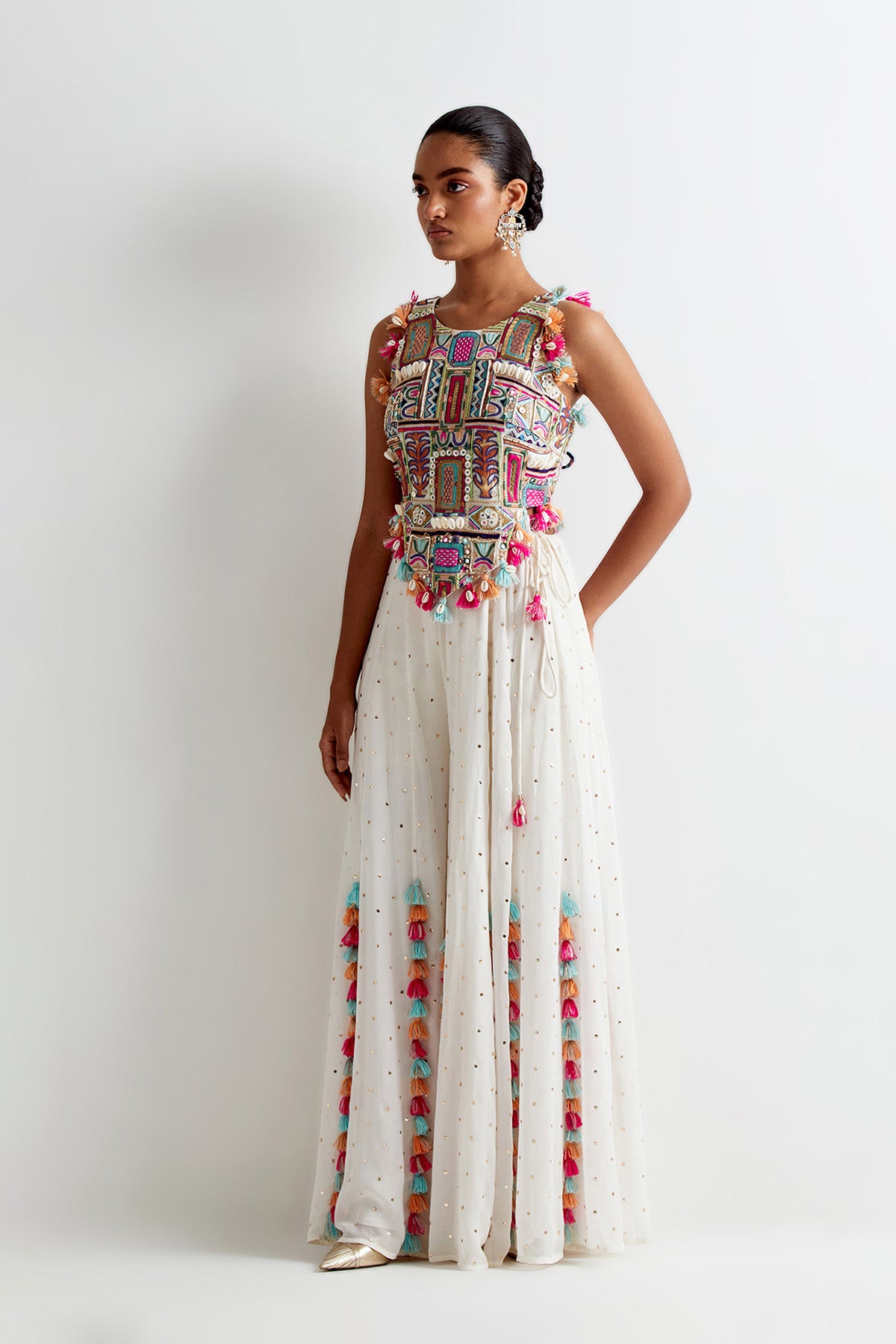 Off-White Georgette Embroidered Half Back Covered Choli And Mukaish Georgette Sharara