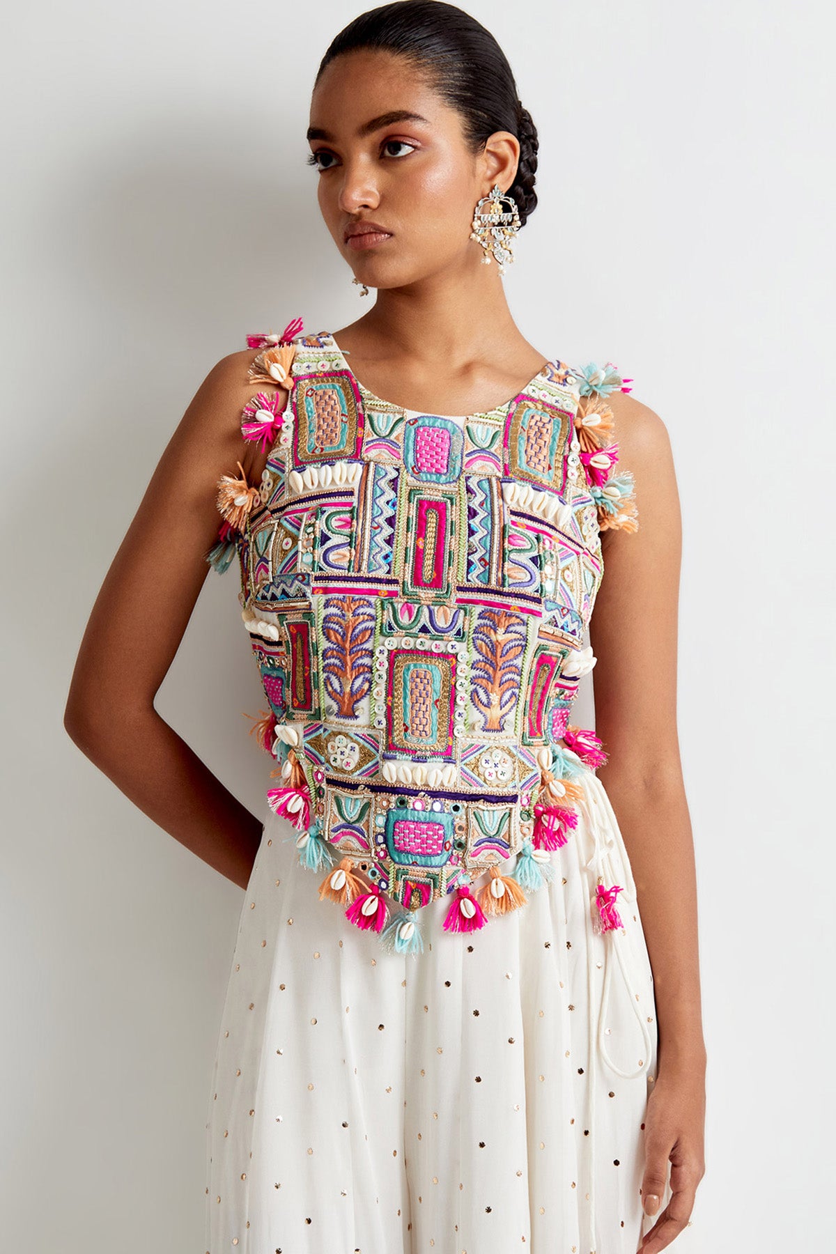 Off-White Georgette Embroidered Half Back Covered Choli And Mukaish Georgette Sharara