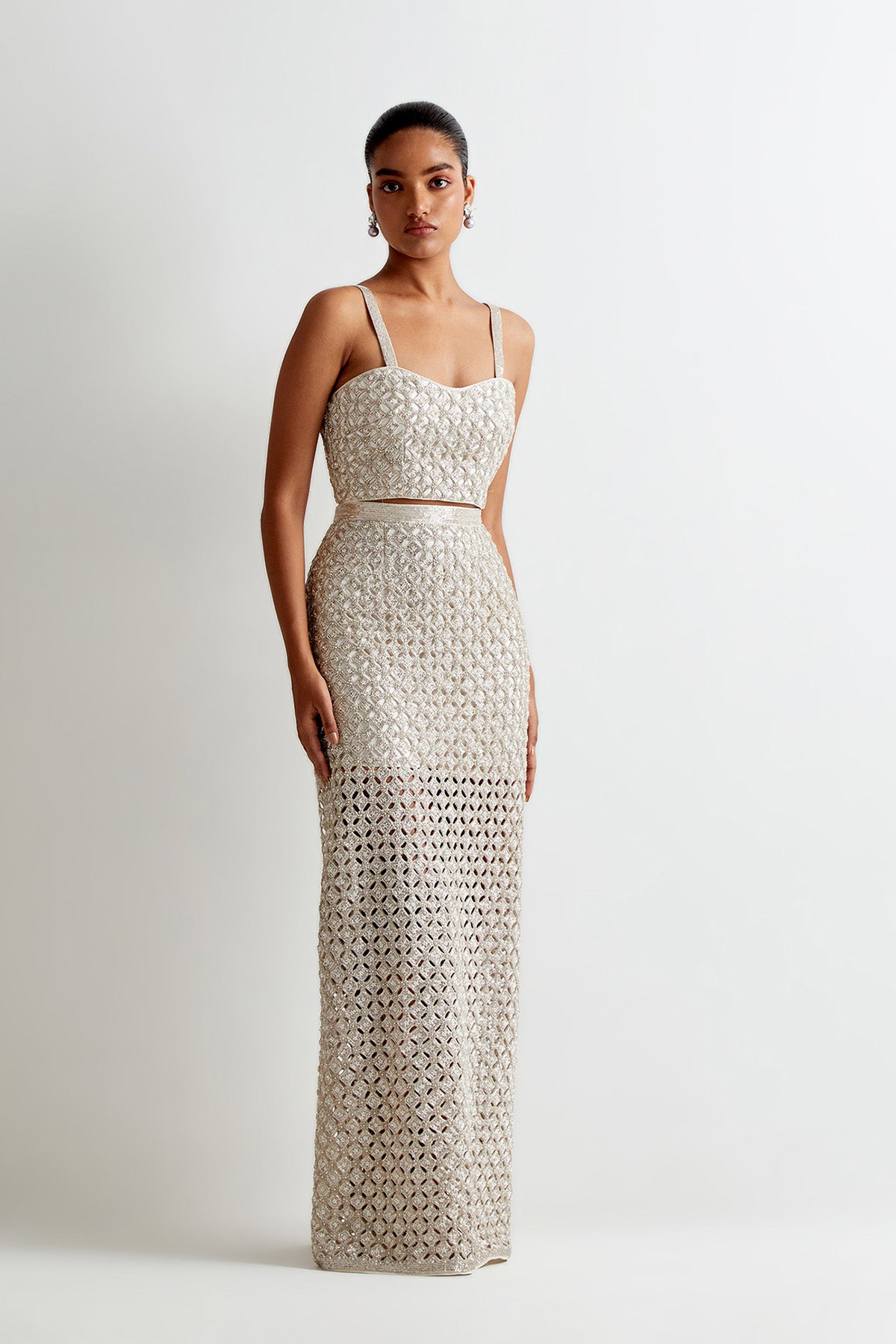 Off-White Georgette Cut Work Embroidered Choli With Detachable Straps And Straight Fit Skirt With Side Slit