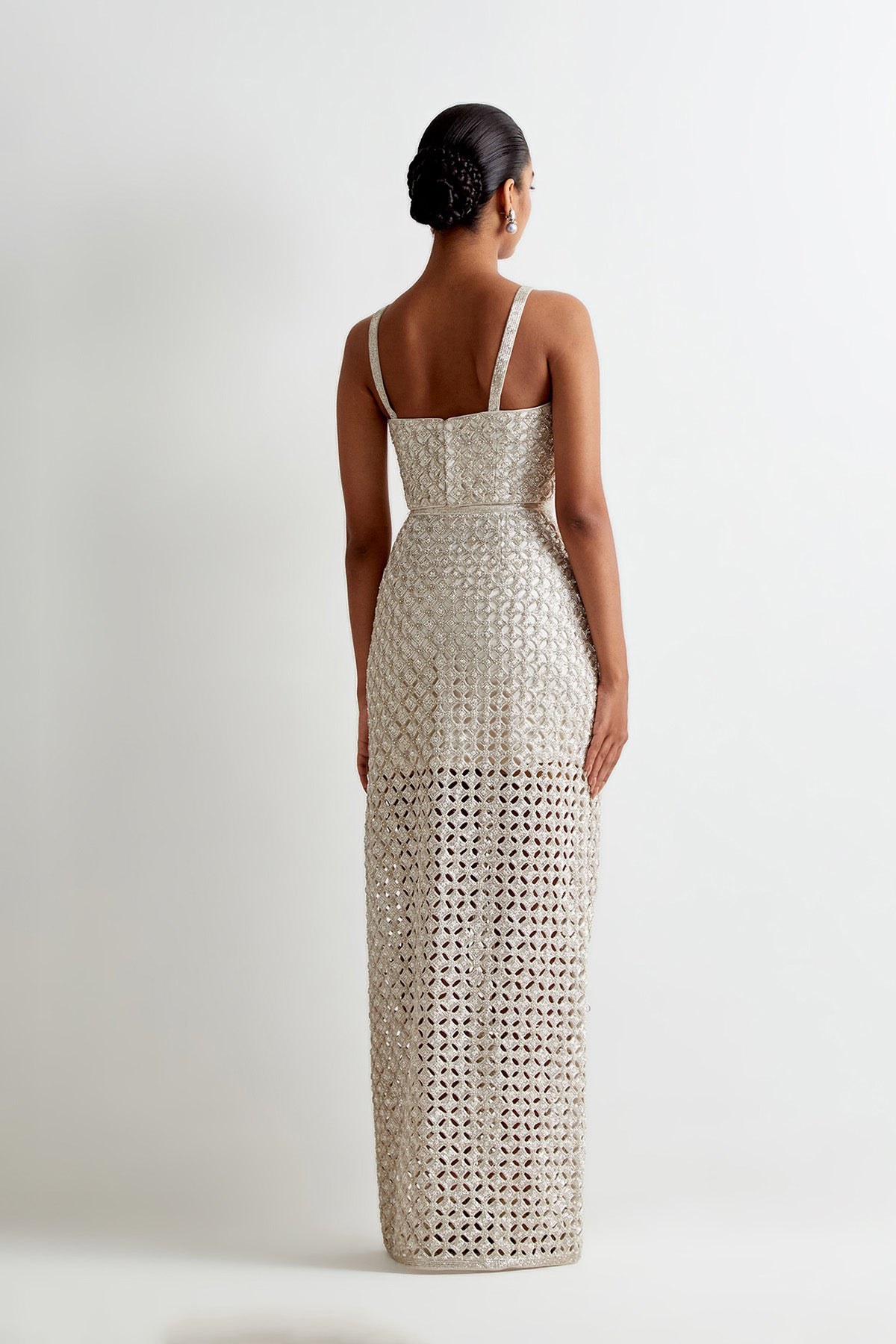 Off-White Georgette Cut Work Embroidered Choli With Detachable Straps And Straight Fit Skirt With Side Slit