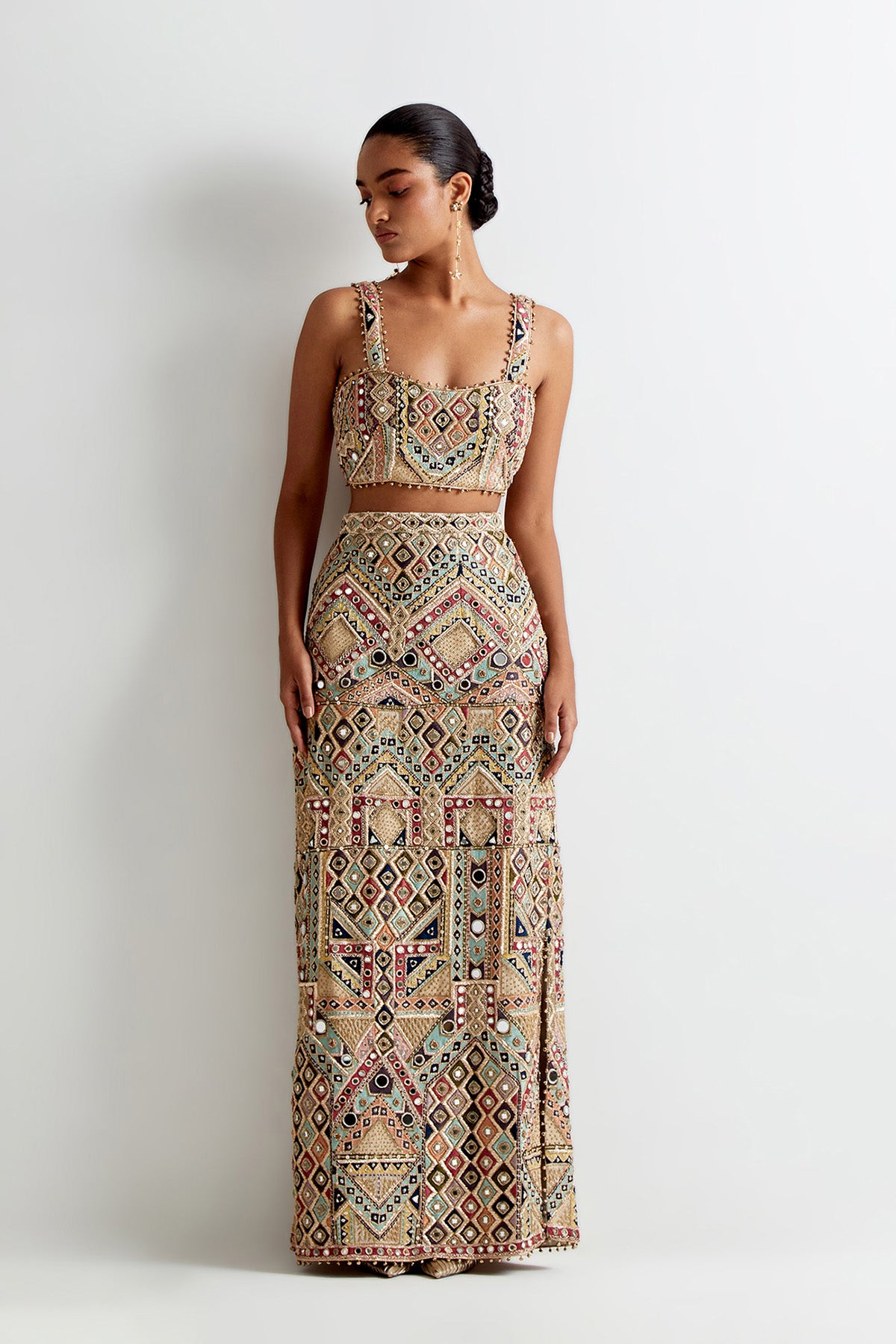 Off-White Georgette Embroidered Choli And Straight Fit Skirt