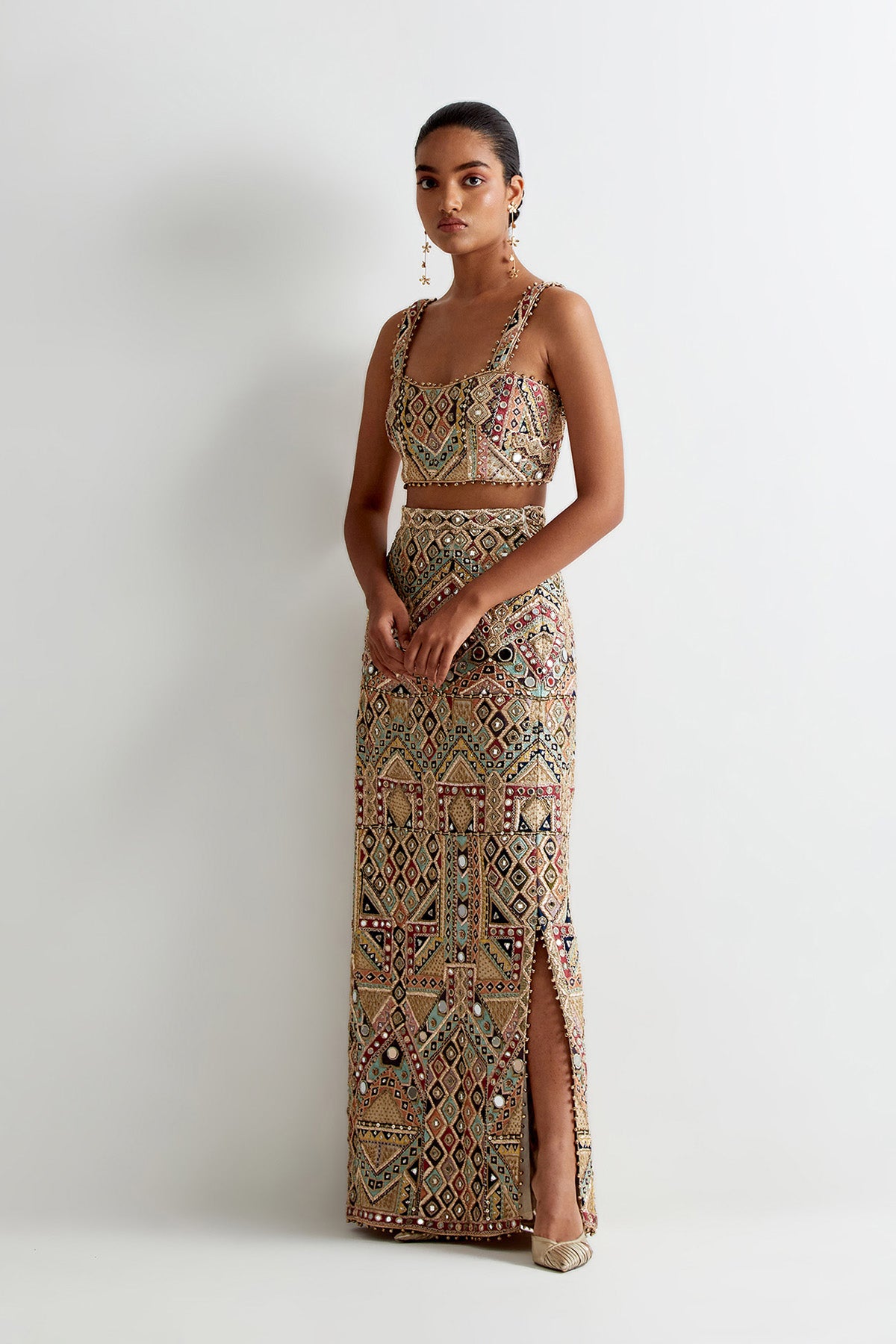 Off-White Georgette Embroidered Choli And Straight Fit Skirt