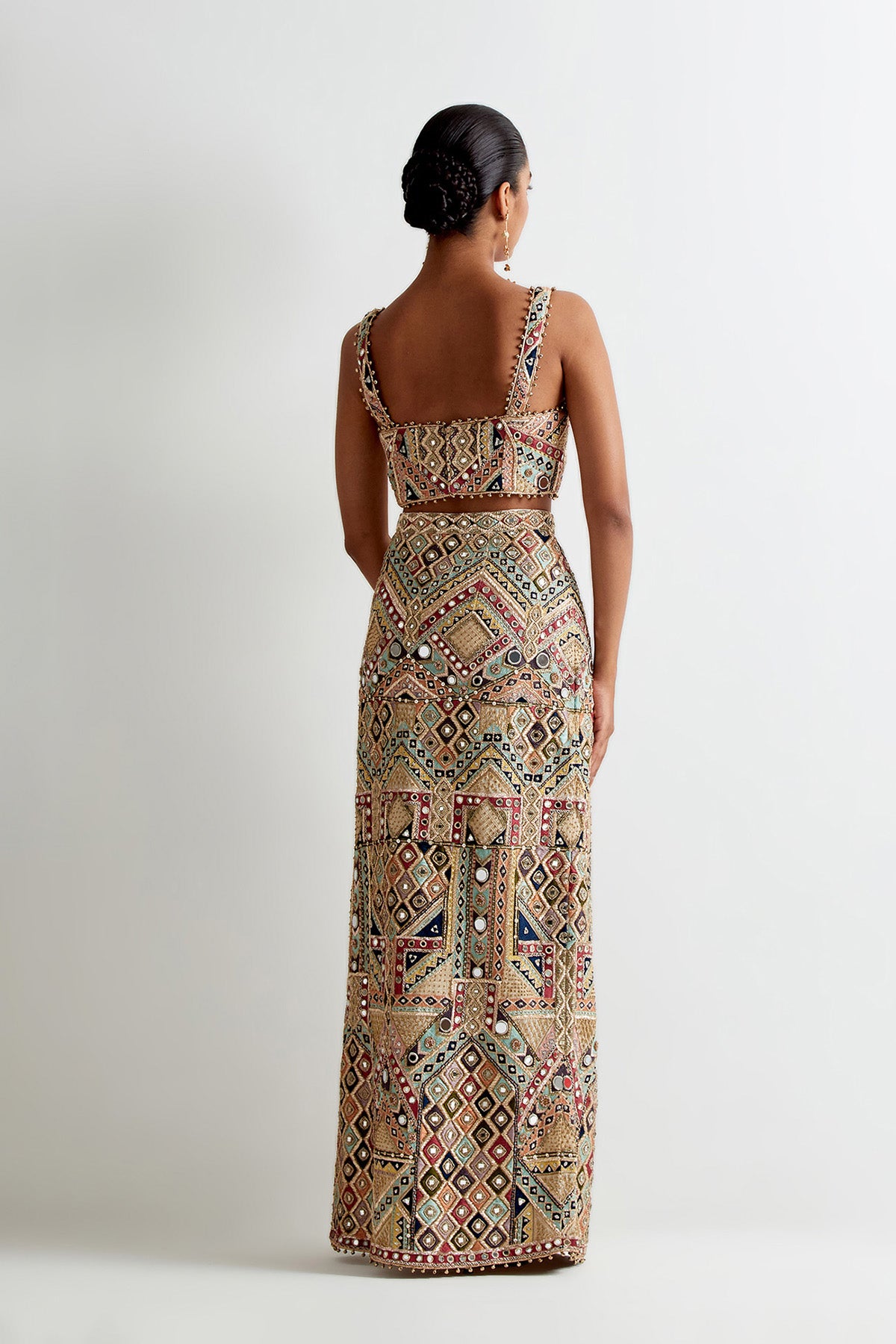 Off-White Georgette Embroidered Choli And Straight Fit Skirt