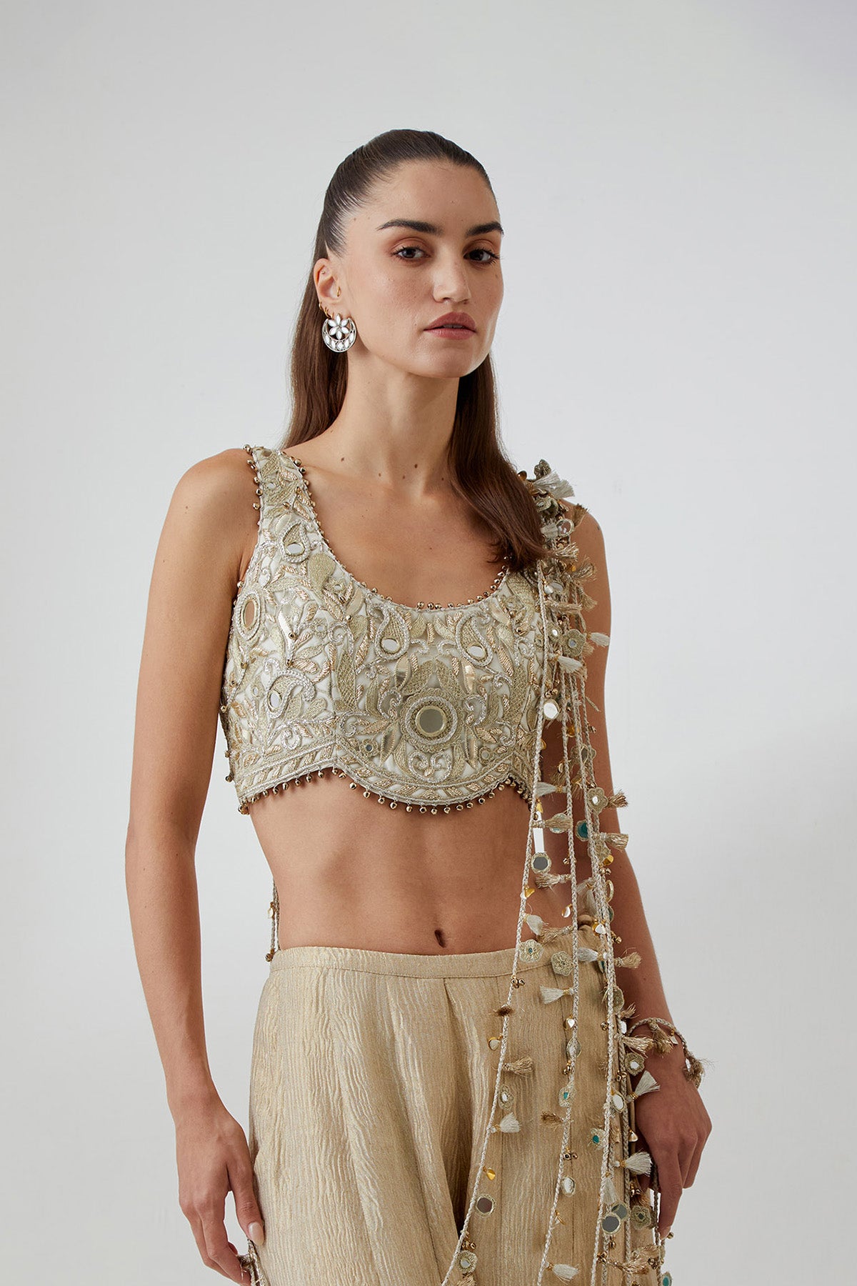 Off-White Organza Embroidered Choli And Gold Crushed Tissue Sharara With Attached Dori Tassels