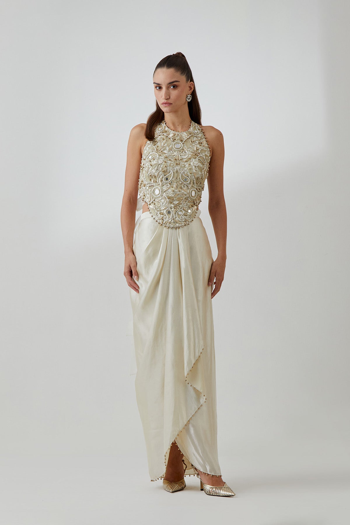 Stone Organza Embroidered Choli With Tissue Lungi Skirt
