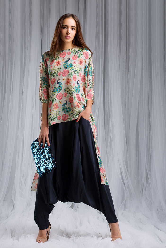 Khaki Anaar aur Mor Print Kaftan Tunic Set