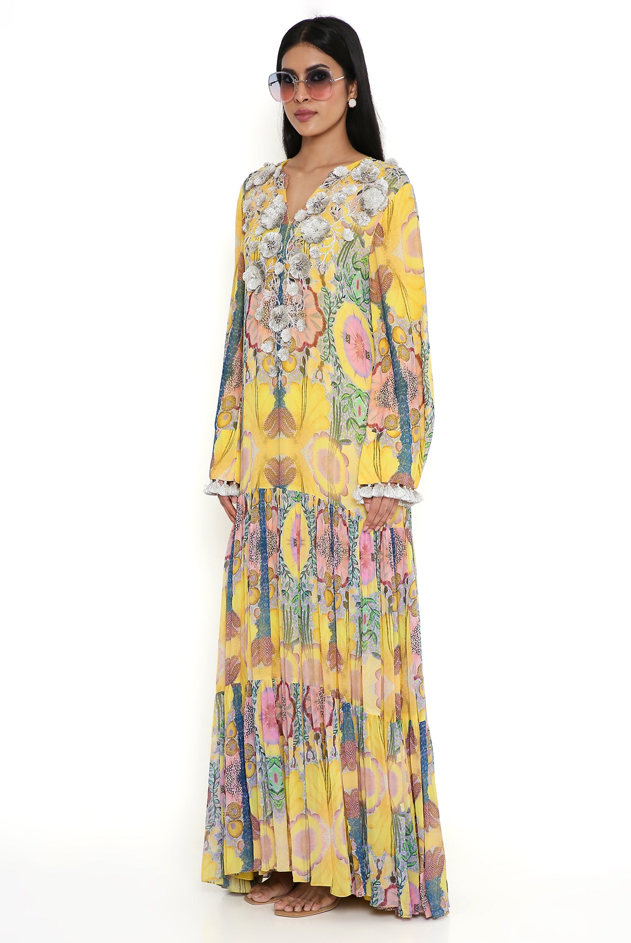 Yellow Enchanted Print Embroidered Yoke Art Georgette Boho Dress