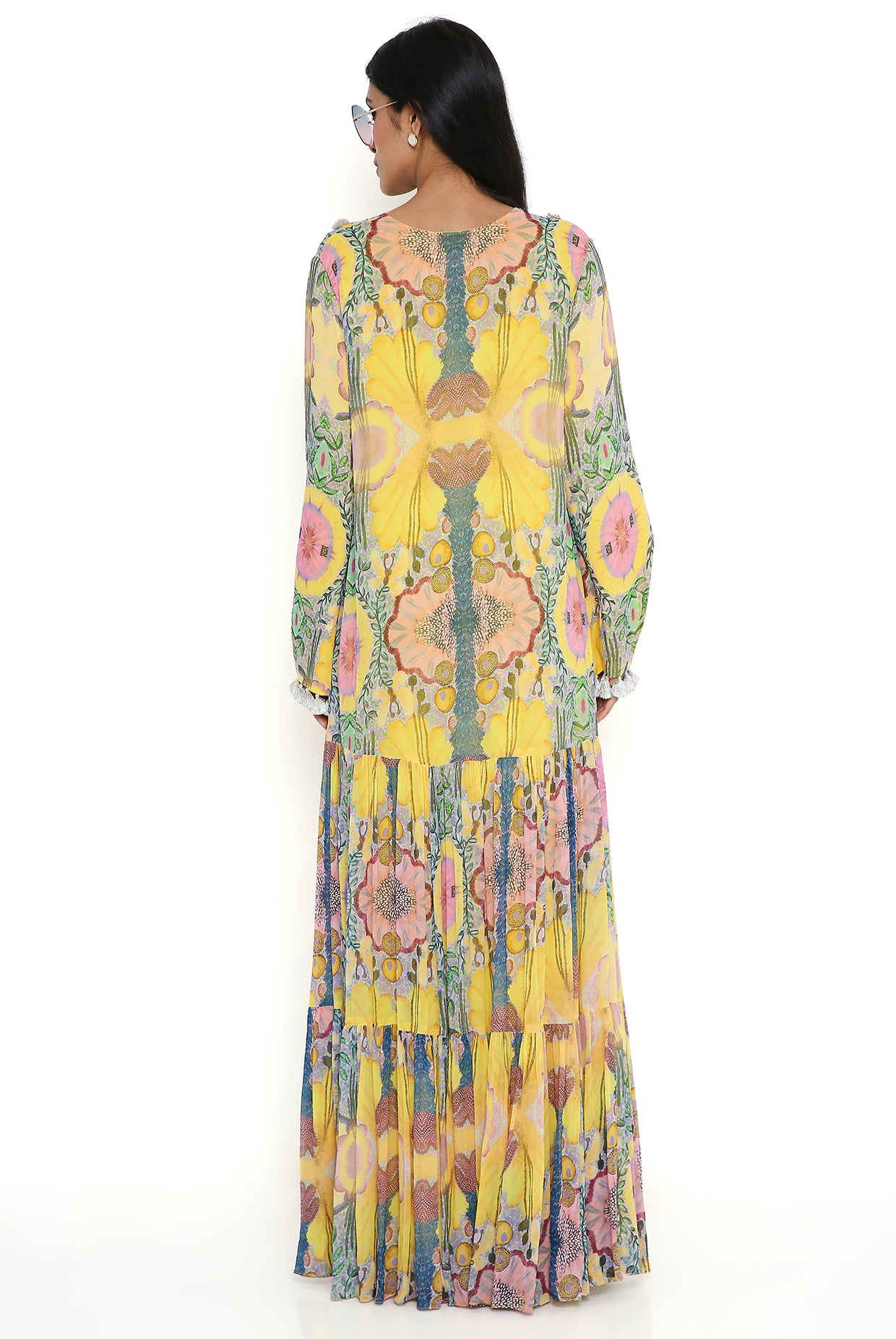 Yellow Enchanted Print Embroidered Yoke Art Georgette Boho Dress
