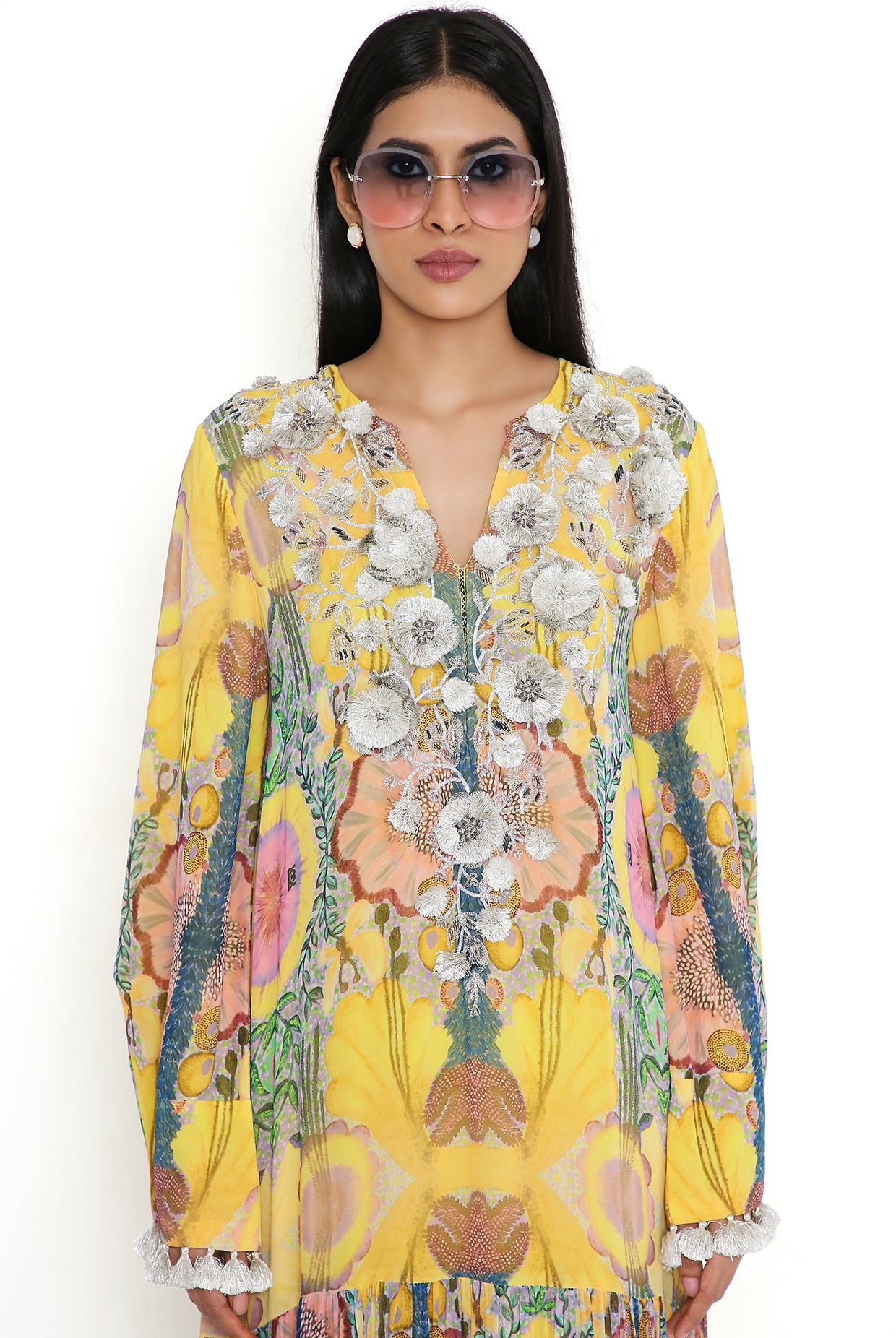 Yellow Enchanted Print Embroidered Yoke Art Georgette Boho Dress