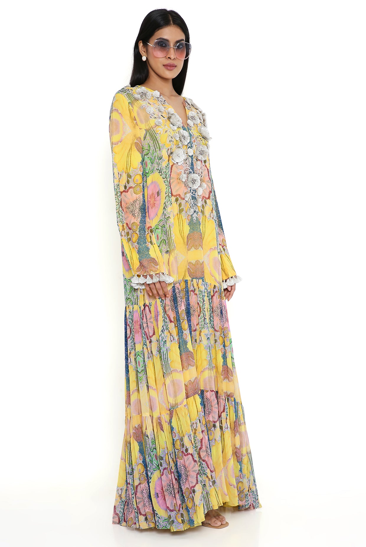 Yellow Enchanted Print Embroidered Yoke Art Georgette Boho Dress