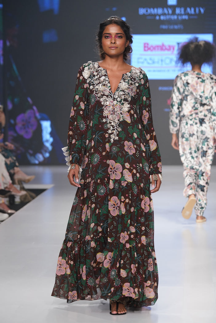 Amineh Brown Printed Georgette Tiered Dress