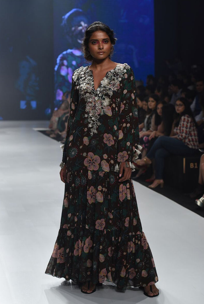 Amineh Brown Printed Georgette Tiered Dress