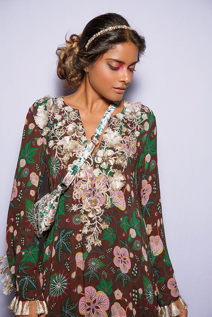 Amineh Brown Printed Georgette Tiered Dress