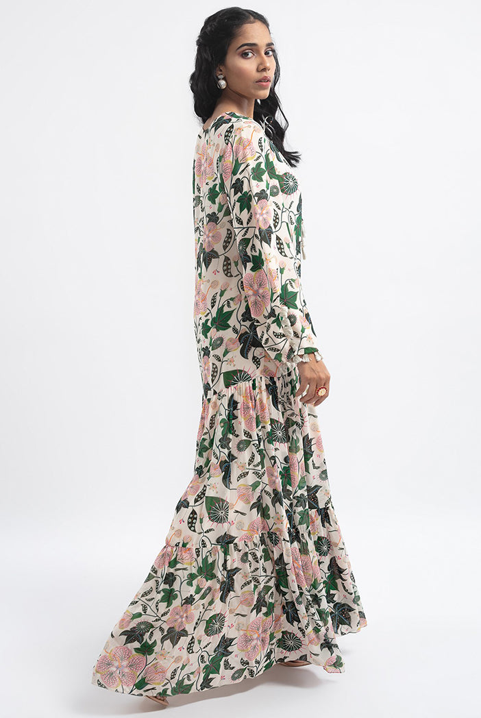 White Colour Printed Art Georgette Tiered Dress