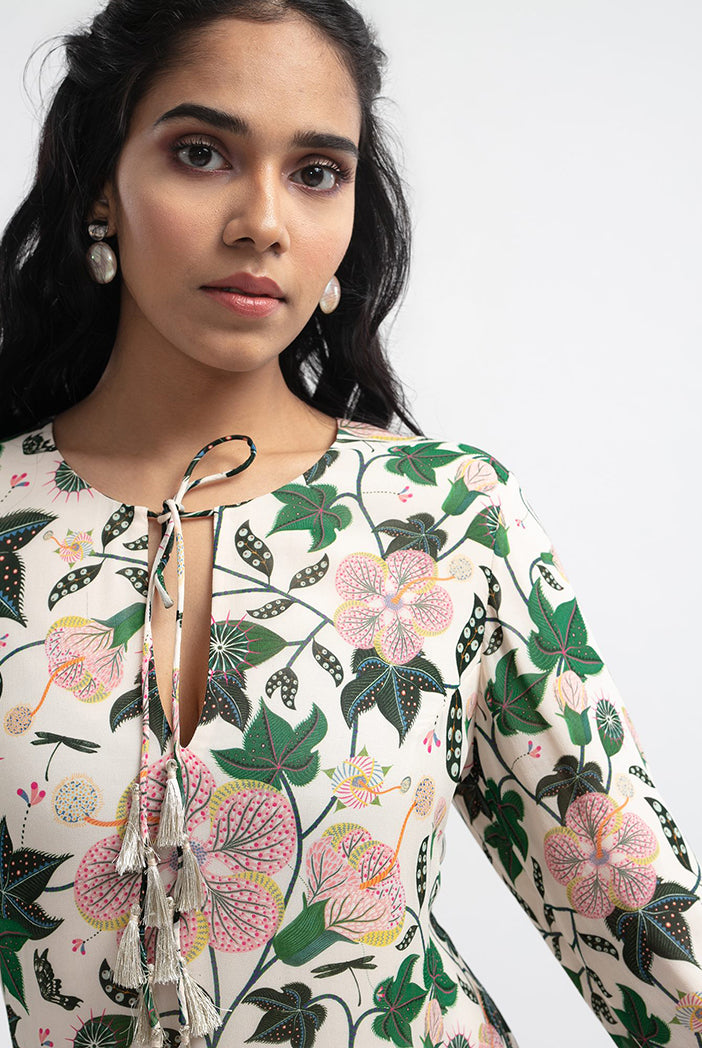 White Colour Printed Art Georgette Tiered Dress