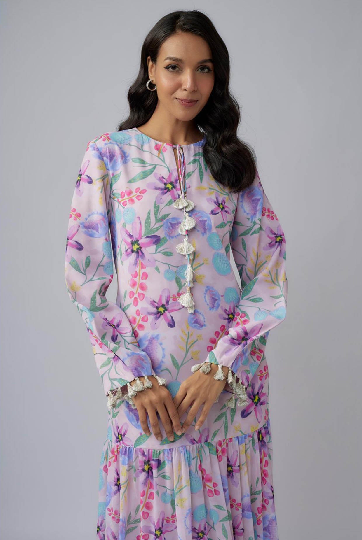 Pink Printed Art Georgette Tiered Dress