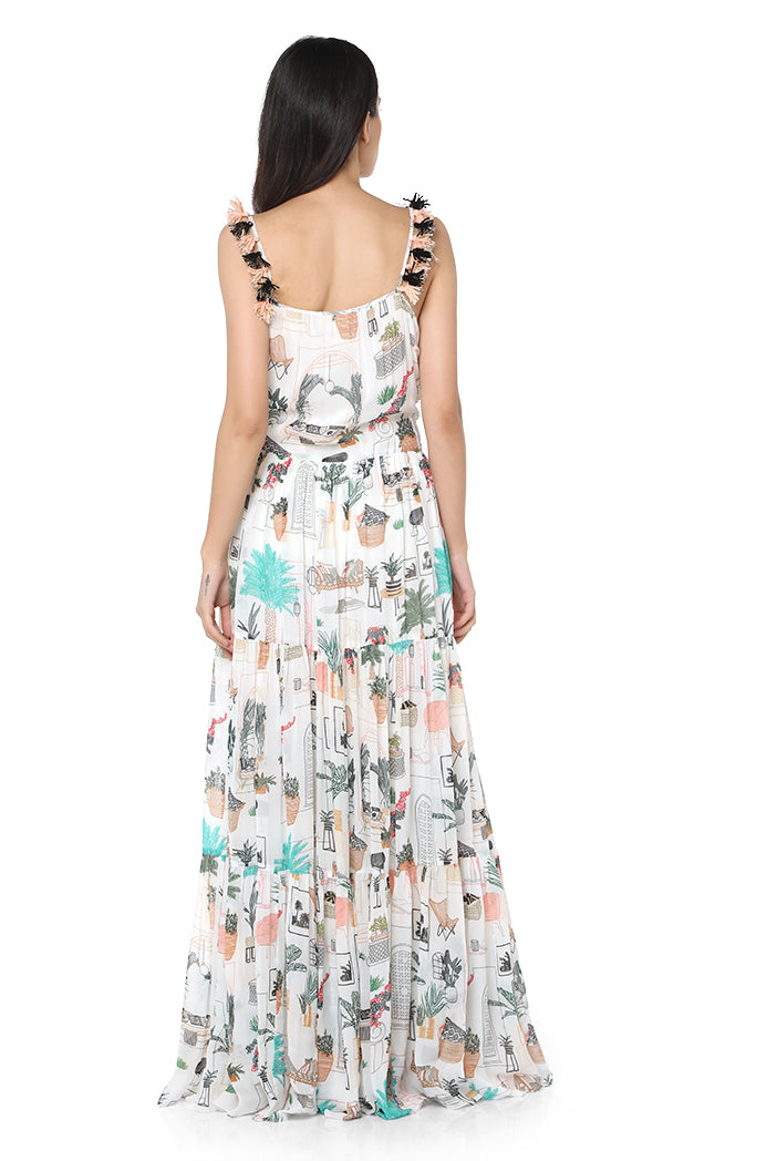 White Colour Printed Art Georgette Long Tiered Dress