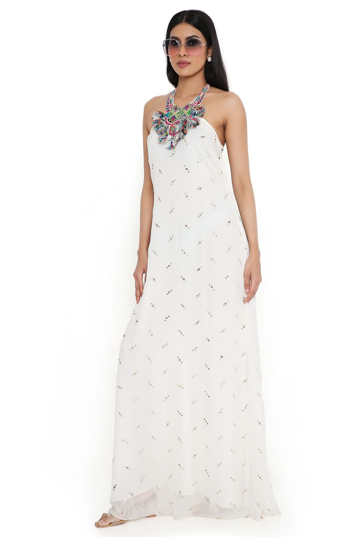 Off-Whtie Mukaish Georgette Dress With Attached Embroidered Necklace Yoke
