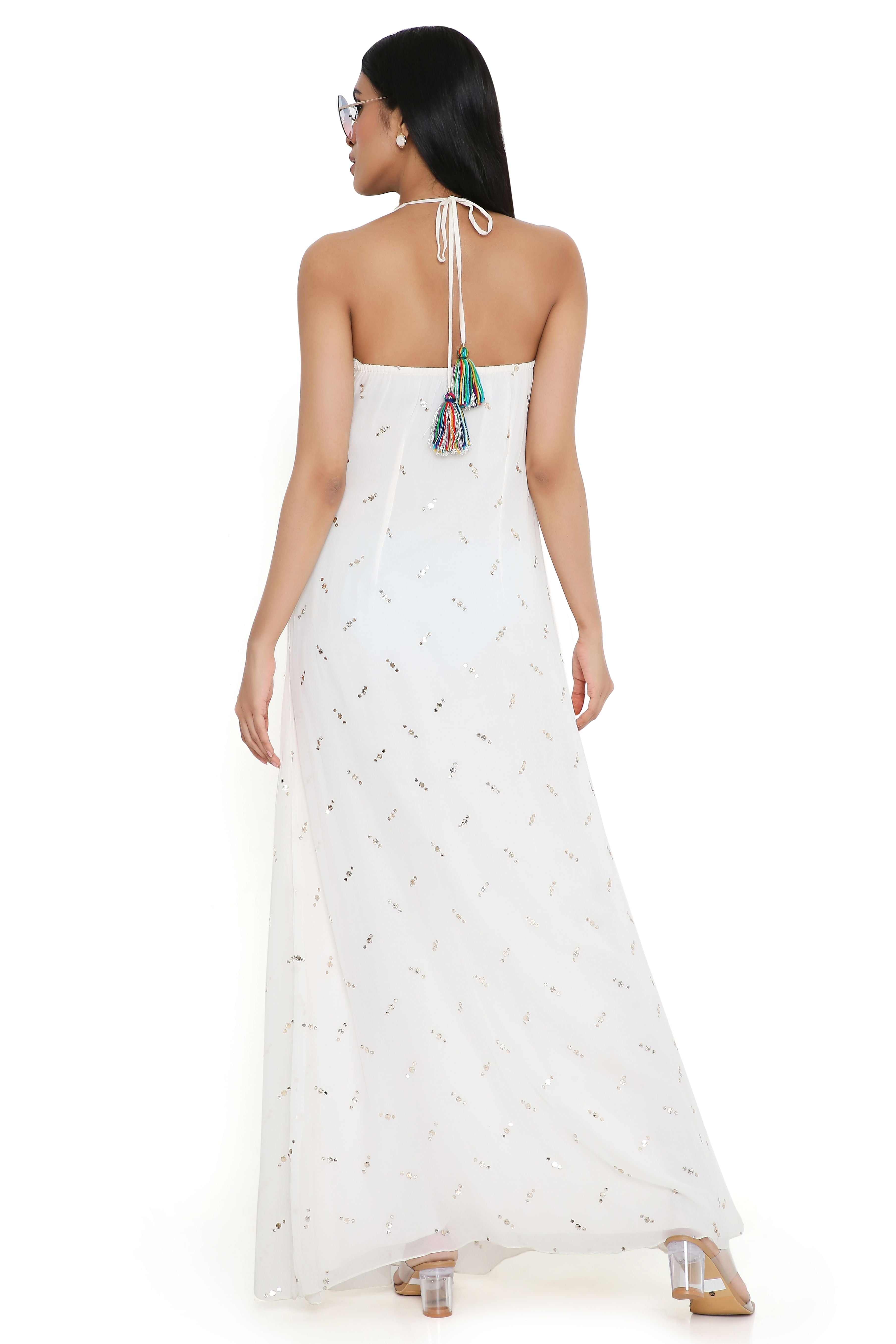 Off-Whtie Mukaish Georgette Dress With Attached Embroidered Necklace Yoke
