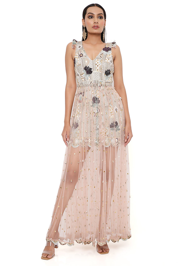 Mirai Off White Georgette Embroidered Dress With Rose Pink Net Overlay Skirt