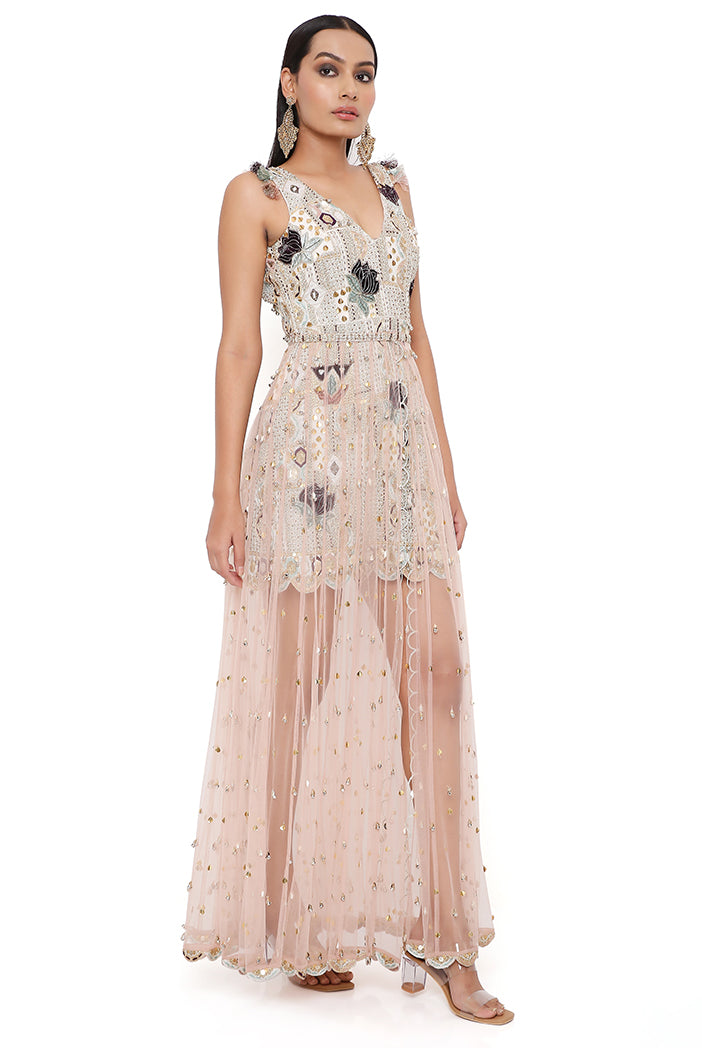 Mirai Off White Georgette Embroidered Dress With Rose Pink Net Overlay Skirt