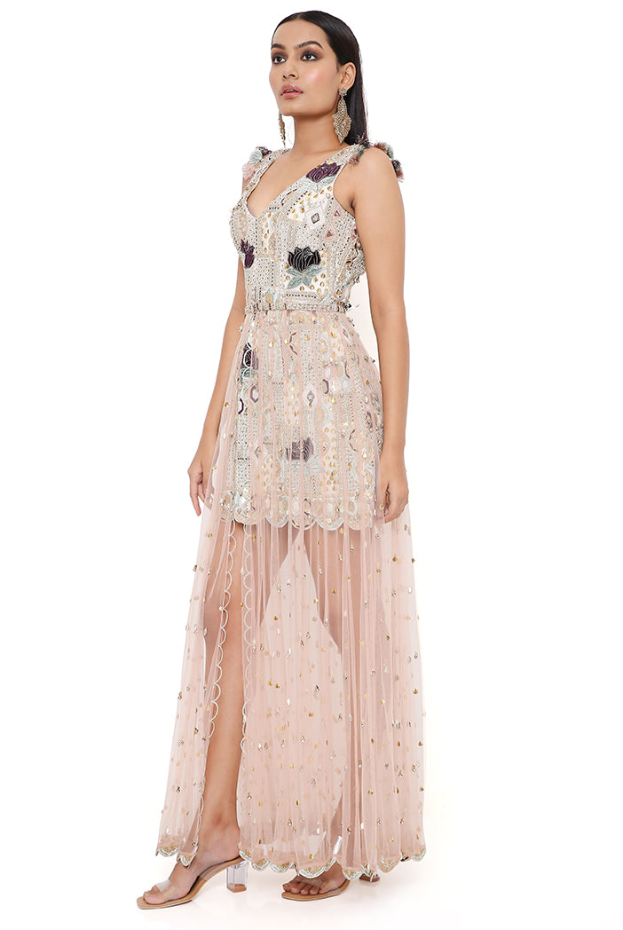 Mirai Off White Georgette Embroidered Dress With Rose Pink Net Overlay Skirt