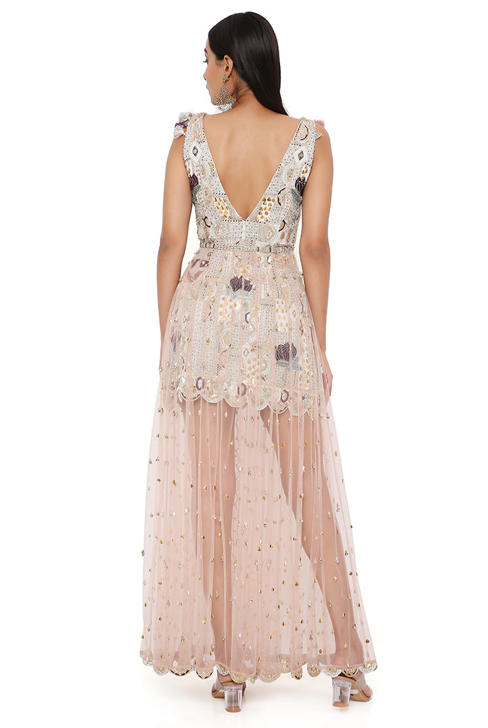 Mirai Off White Georgette Embroidered Dress With Rose Pink Net Overlay Skirt