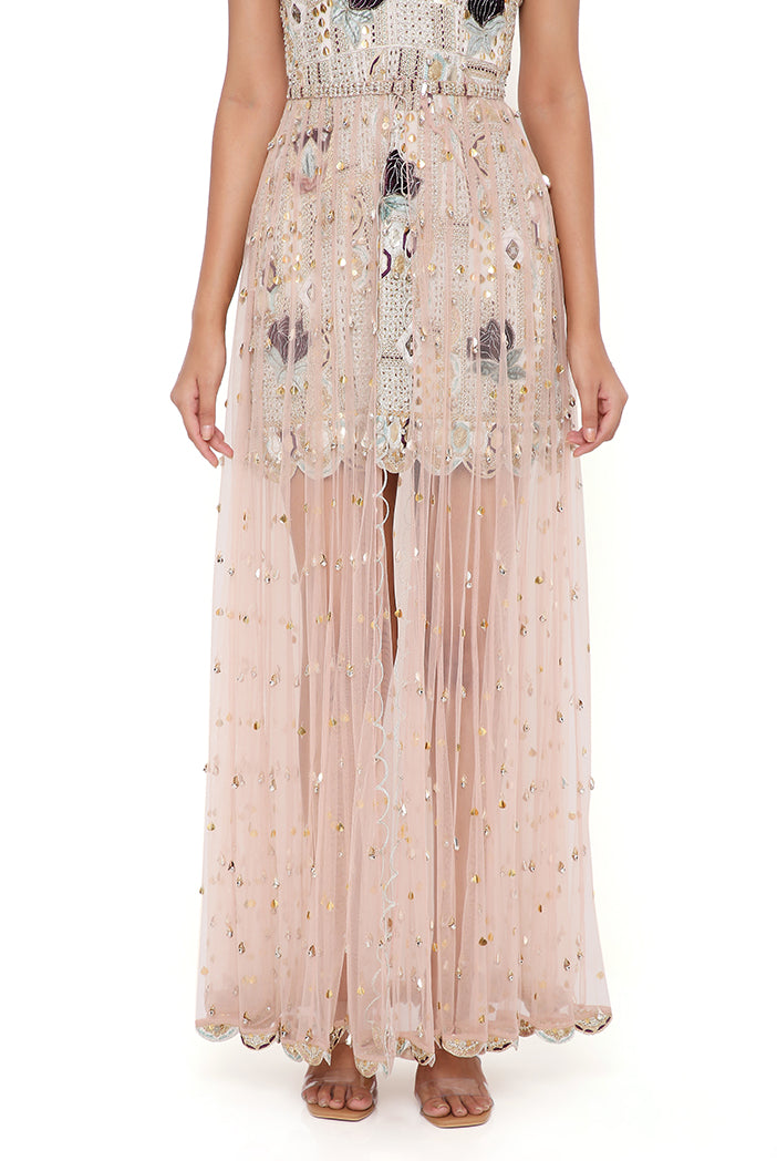 Mirai Off White Georgette Embroidered Dress With Rose Pink Net Overlay Skirt