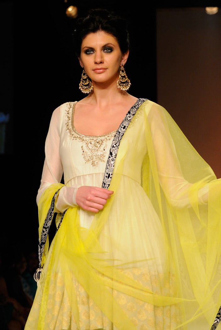 Sanam Cream Silkmul Anarkali with Navy Salwar and Lime Tule Dupatta