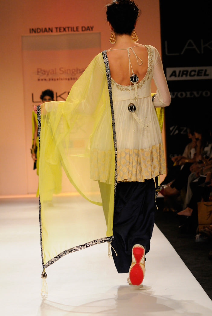 Sanam Cream Silkmul Anarkali with Navy Salwar and Lime Tule Dupatta