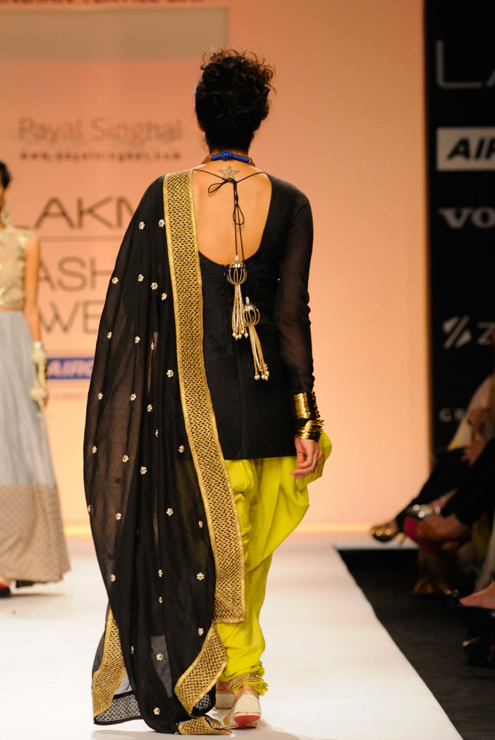 Diva Black Silkmul Kurta with Lime Green Cotton Silk Jodhpur Pant and Black Dupatta
