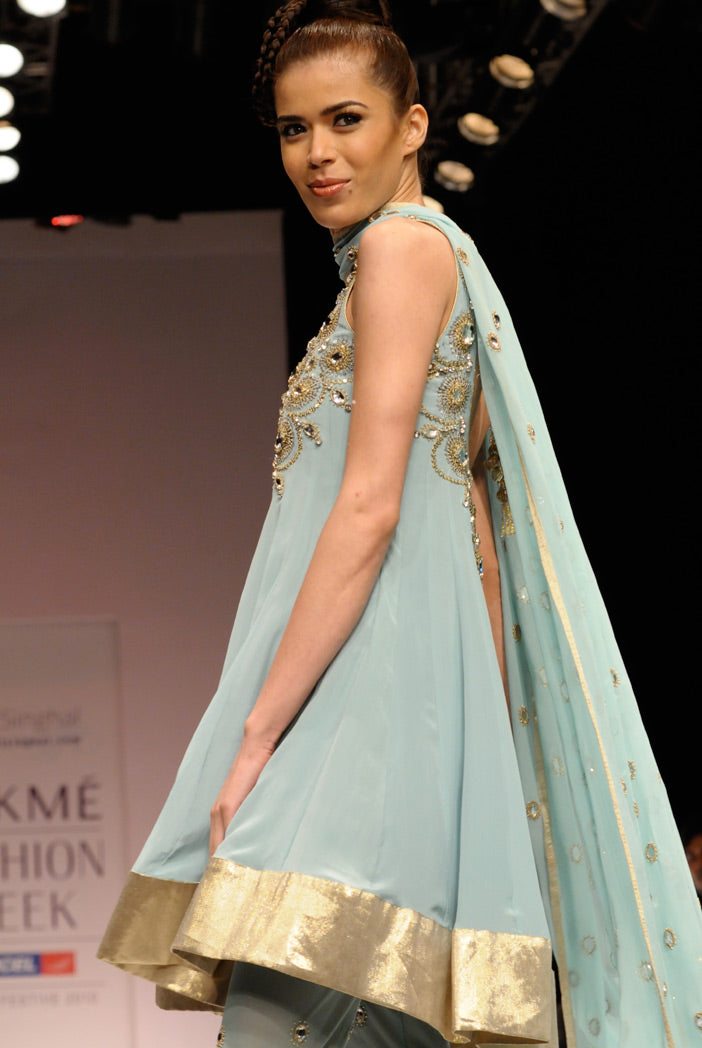 Amara Powder Blue Crepe Short Anarkali with Soft Net Churidar and Georgette Dupatta
