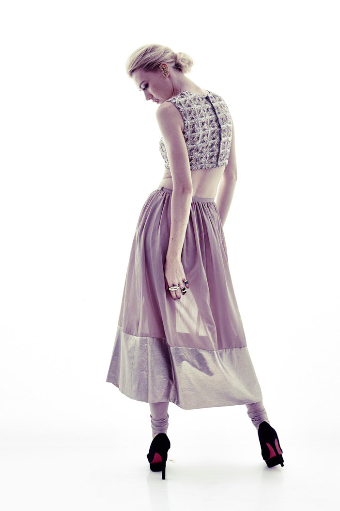 Noelle Embroidered Choli with Mocha Silkmul Skirt with Soft Net Churidar