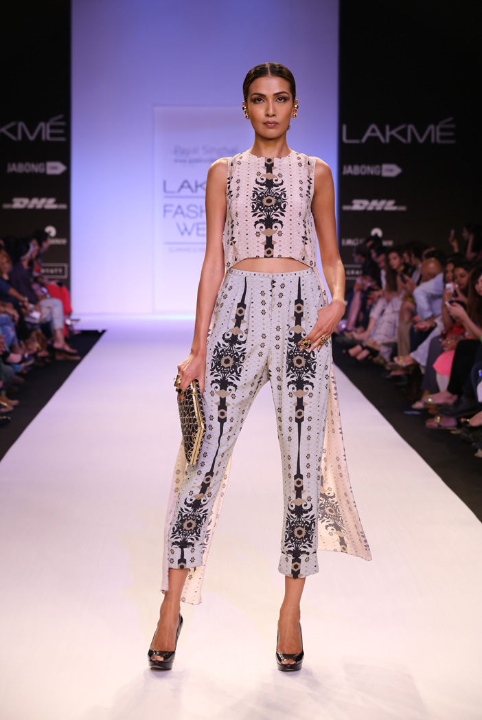 Nadine Stone Printed Crepe Crop Tunic with Pale Blue Printed Roll Up Pant