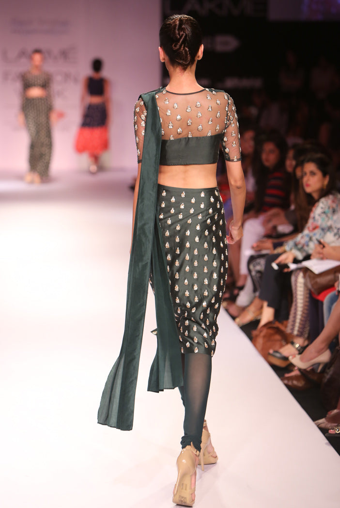 Veda Emerald Green Silkmul and Tulle Choli with Fitted Churidar Skirt and Silk Pleated Dupatta