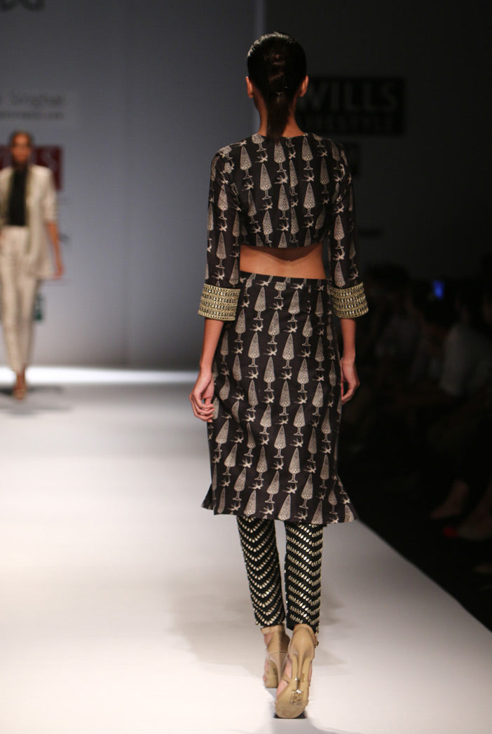 Gulbahar  Printed Silkmul Choli with Printed Skirt and Attached Black Dupion Silk Churidar