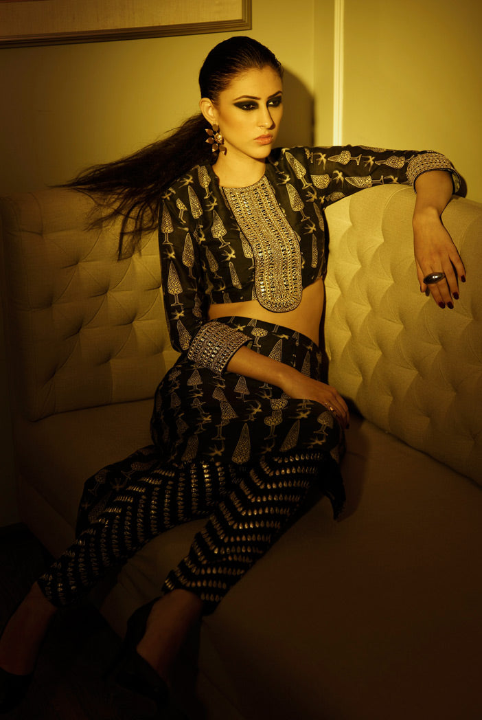 Gulbahar  Printed Silkmul Choli with Printed Skirt and Attached Black Dupion Silk Churidar