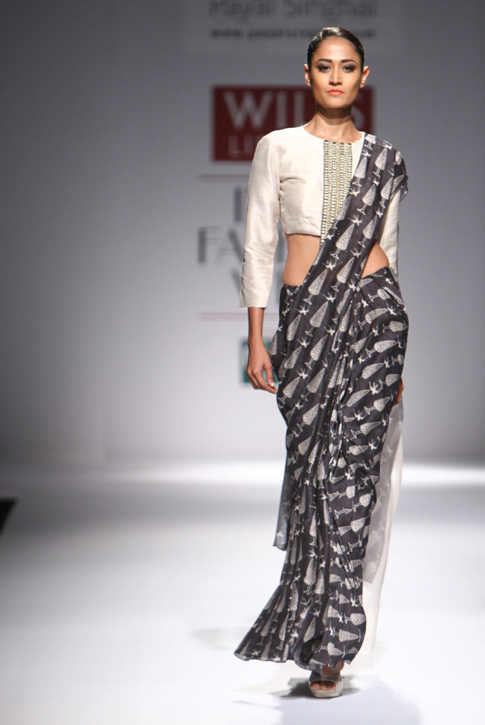 Farah Stone Dupion Silk and organza Choli with Black Printed Lehenga Saree