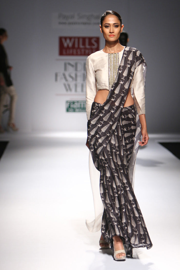 Farah Stone Dupion Silk and organza Choli with Black Printed Lehenga Saree
