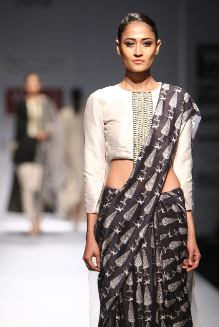 Farah Stone Dupion Silk and organza Choli with Black Printed Lehenga Saree
