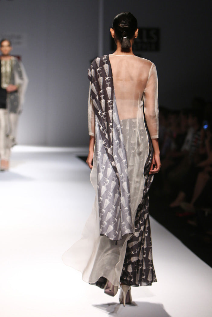 Farah Stone Dupion Silk and organza Choli with Black Printed Lehenga Saree