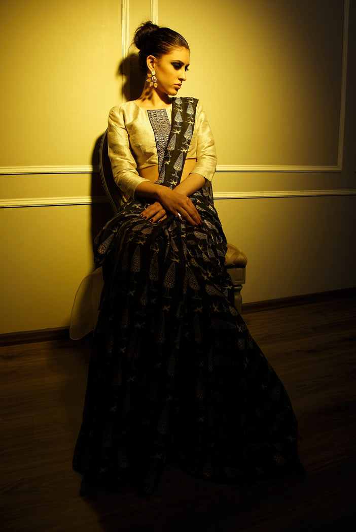 Farah Stone Dupion Silk and organza Choli with Black Printed Lehenga Saree